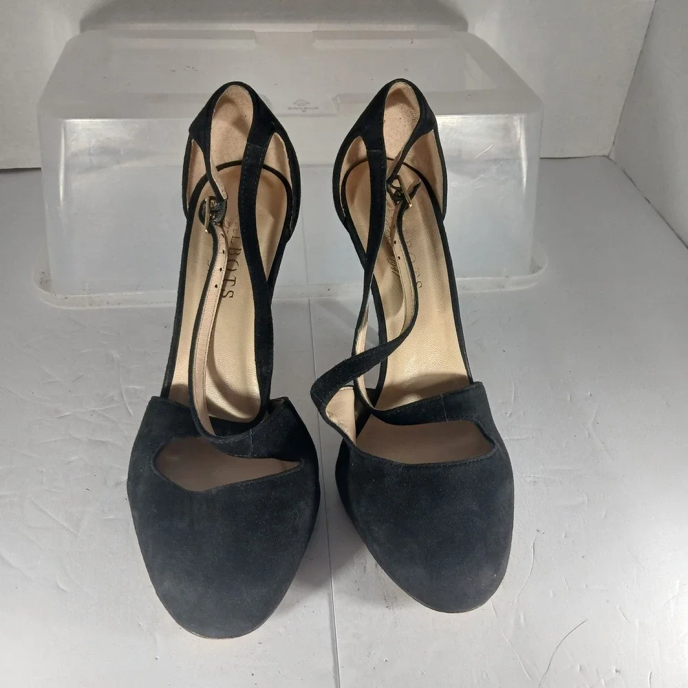Talbots Luisa T-Strap Pumps 6.5B Black Suede Round Toe High Heels Cutout Leather